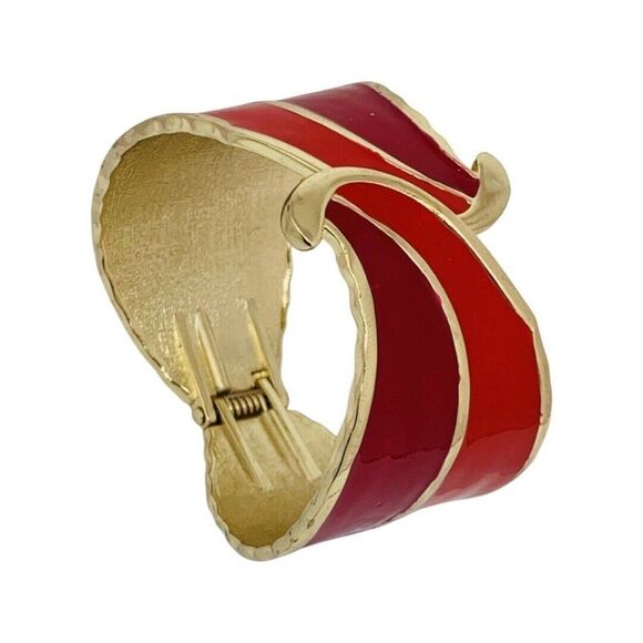 Vintage Pink Red Enamel Gold Tone Swirl Retro Clamper Bangle Bracelet Sz 6.5 - Picture 5 of 6